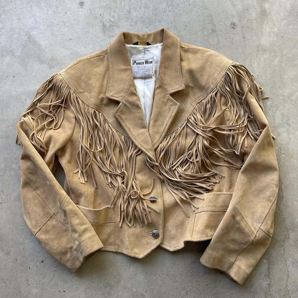 True Vintage 70s Pioneer Wear Leather Suede Fringe Jacket Western Cowgirl USA 16